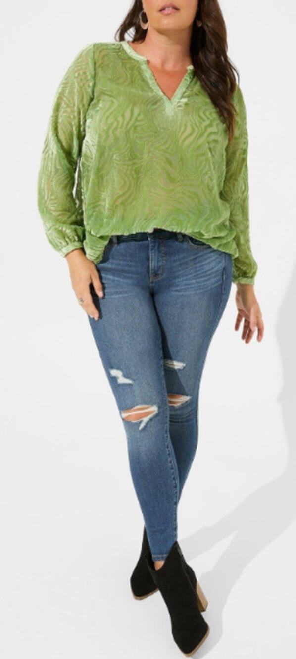 Torrid Velvet Burnout Pullover Long Sleeve Green Blouse Size 3
